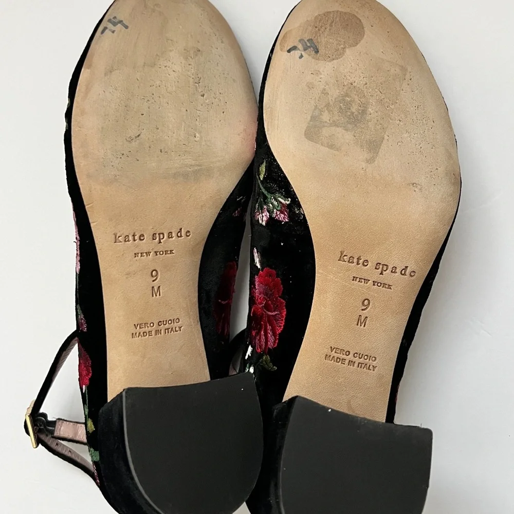 Kate Spade Black Velvet Floral Embroidered Block Heel Ankle-Strap Pumps 9 - Picture 6 of 8